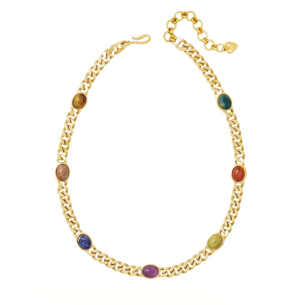 Brinker & Eliza Beetlejuice Necklace Gold Scarab Multi Color Stone Curb Chain